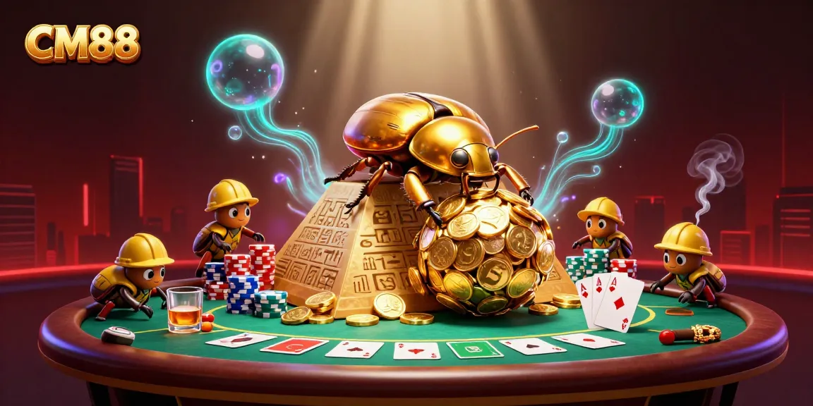 Celebrate winning with CM88 in a vibrant 3D cartoon casino scene featuring golden beetles and poker elements.