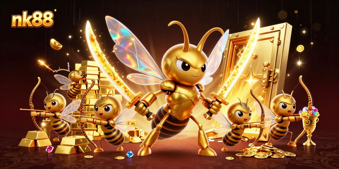 Experience thrilling gameplay at nk88 with dynamic 3D illustration of casino excitement and golden treasures.