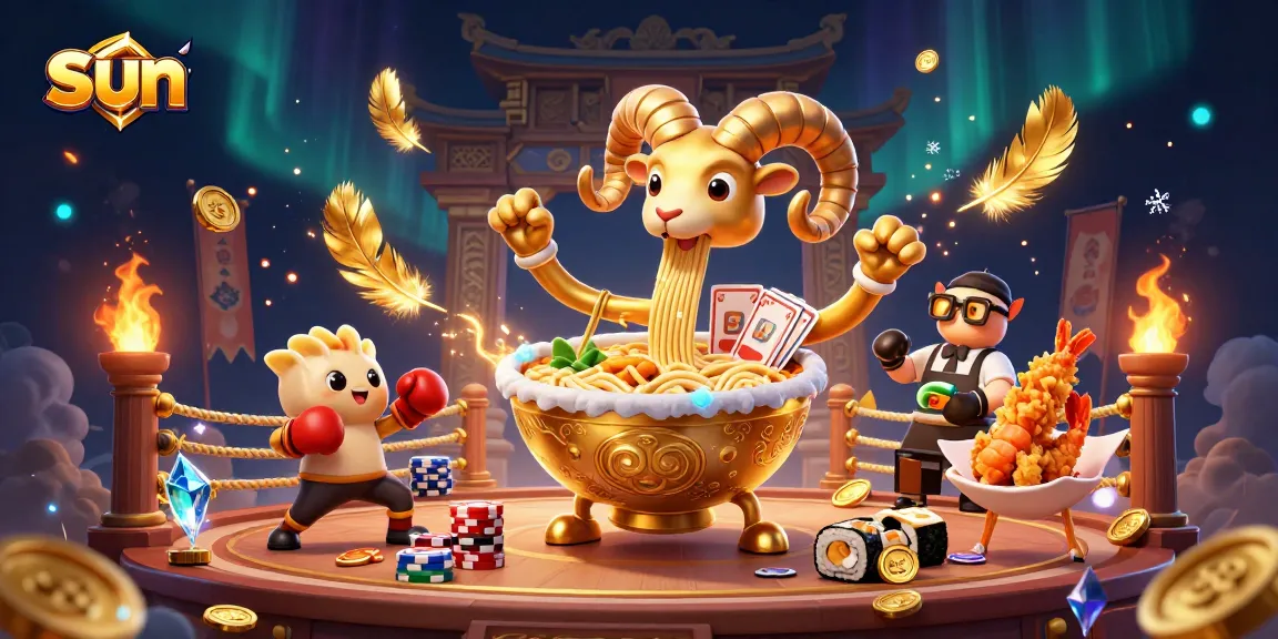 Sun and casino fun meet in a packed, lively scene of a golden ramen bowl dealer.