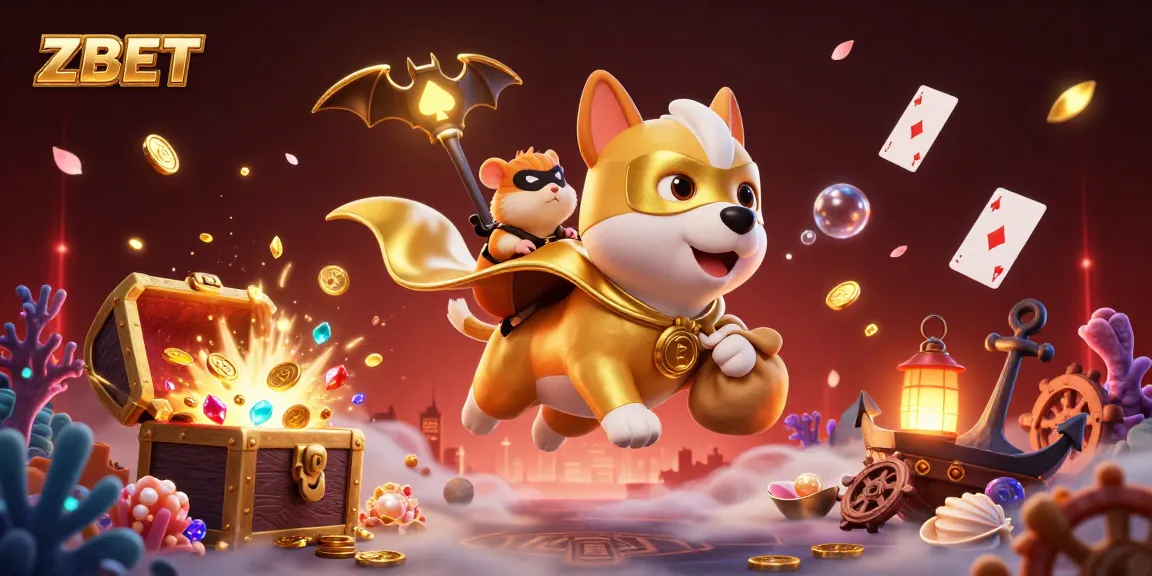 ZBET highlights exciting casino adventure with superhero dog and sidekick among treasures.