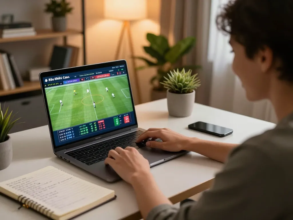 Kèo nhà cái betting on soccer match with strategic planning notes in a cozy home office.