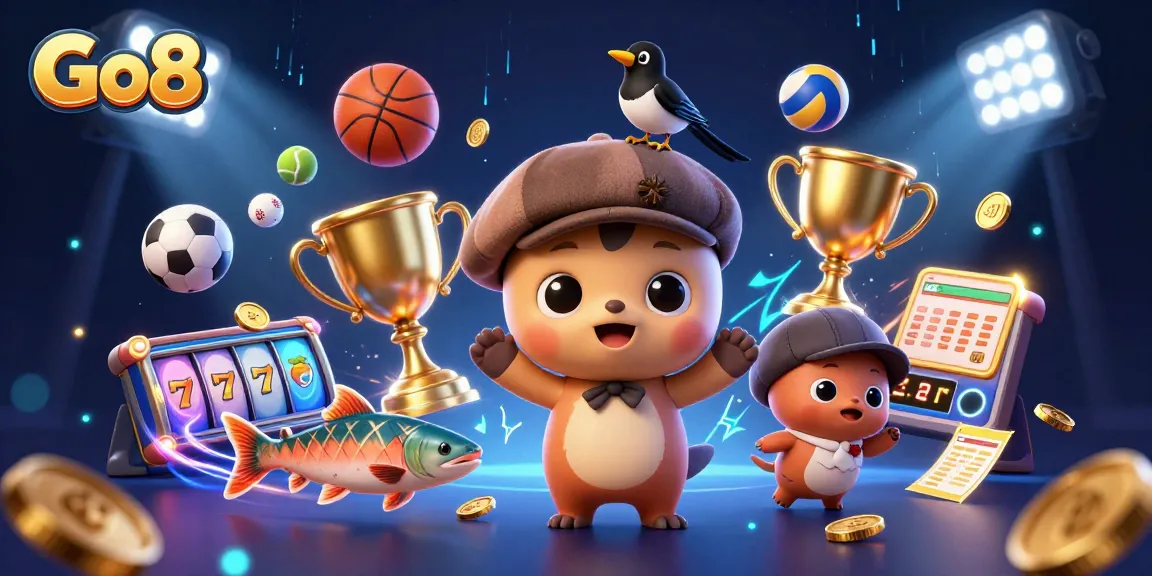 Engage in thrilling gaming with Go8: captivating 3D cartoon illustration of a playful baby Nessie and friends