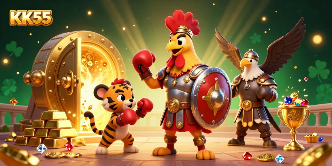 Engage in thrilling gaming with KK55's colorful gladiator-themed casino illustration featuring gold treasures.