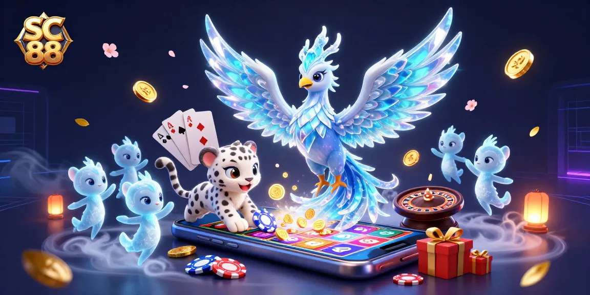 Exciting action in SC 88 casino featuring a dazzling ice phoenix and playful snow leopard amidst vibrant gaming elements.