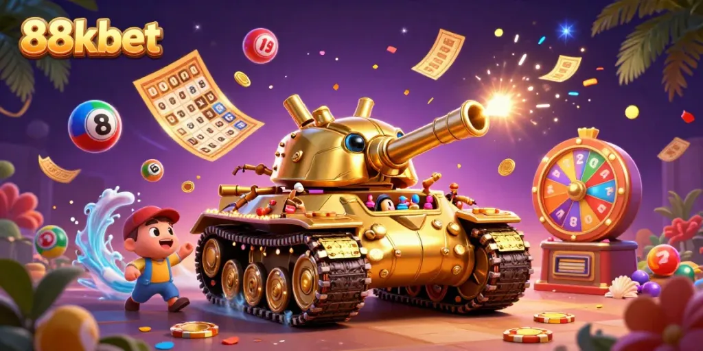 Experience the excitement of winning at 88kbet with a vibrant casino scene featuring games and prizes.