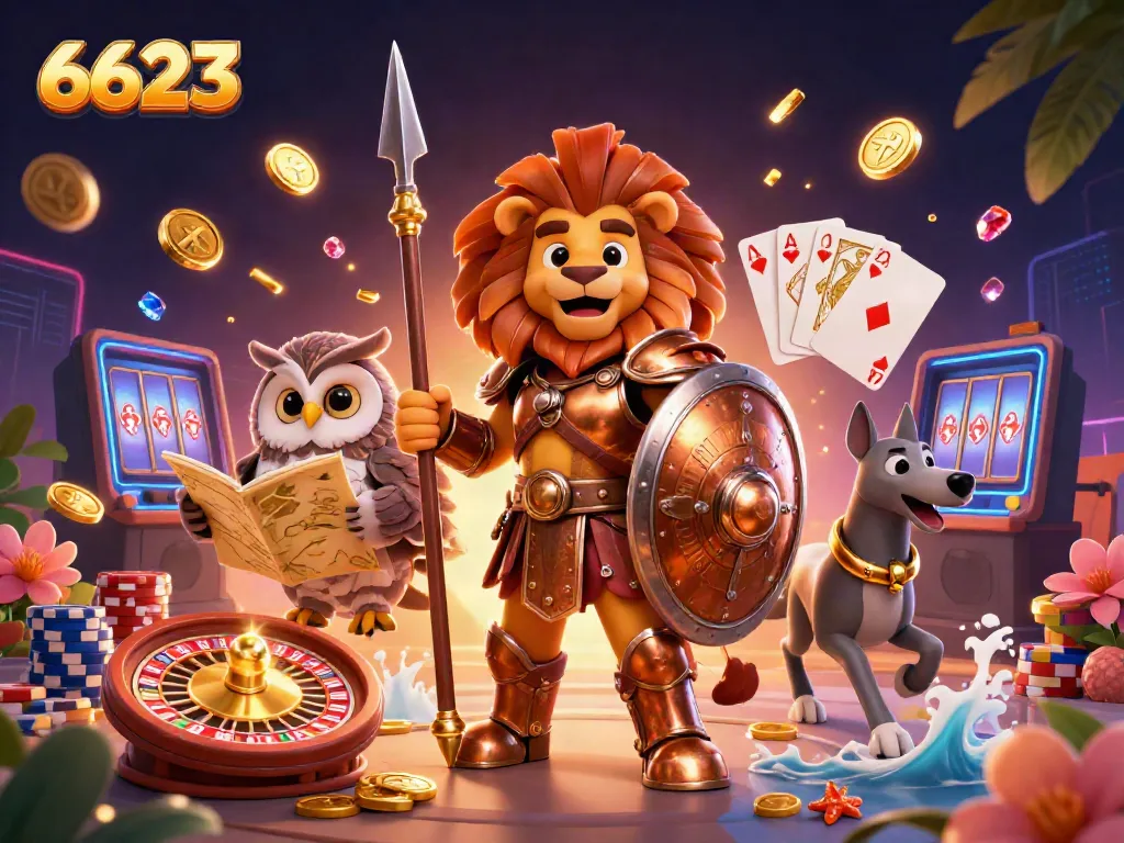 Experience thrilling gameplay at 6623, featuring a Spartan lion and dynamic casino elements.
