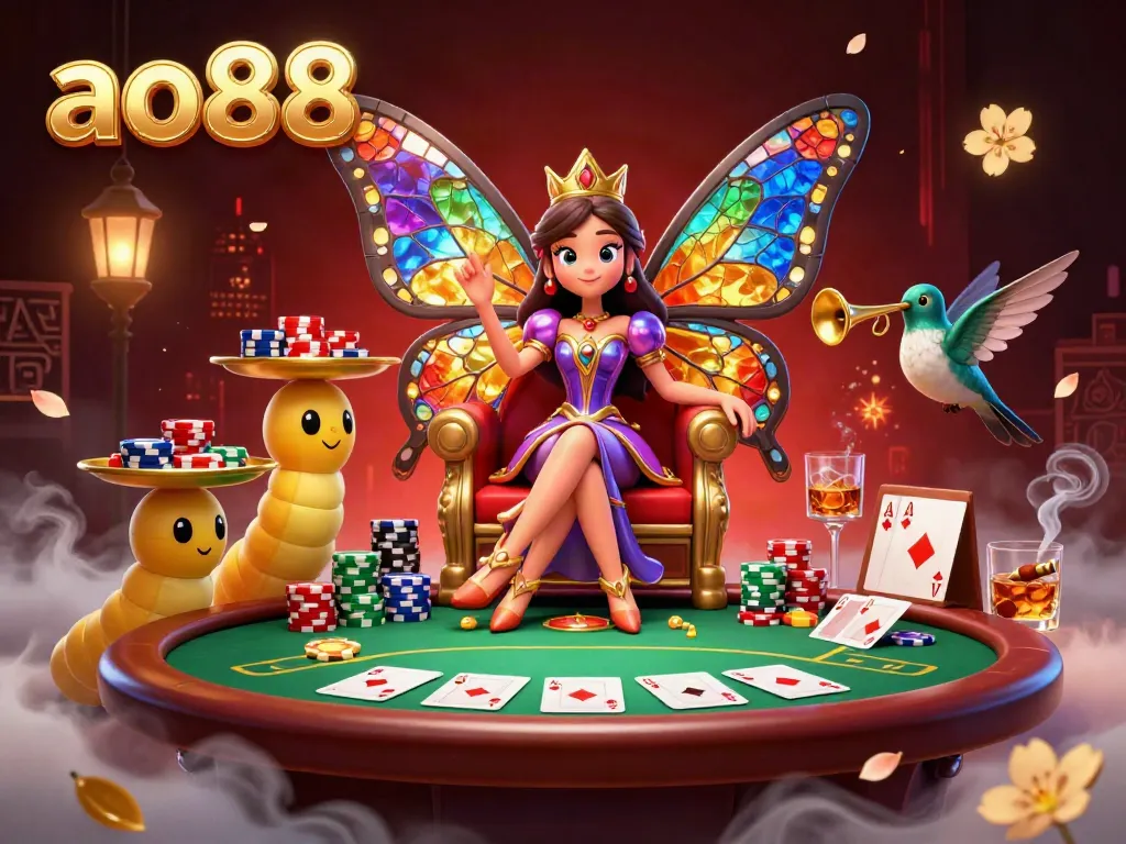 Experience the vibrant world of ao88 with a whimsical casino illustration featuring a butterfly queen and poker elements.