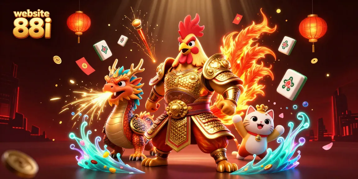 Engage with exciting games on website 88i, featuring a powerful rooster warrior and intriguing casino elements.