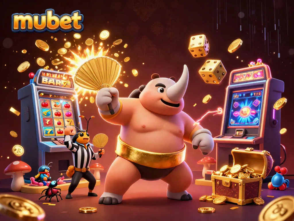 Mubet's dynamic casino illustration showcasing the excitement of winning with gold coins and slot machines.