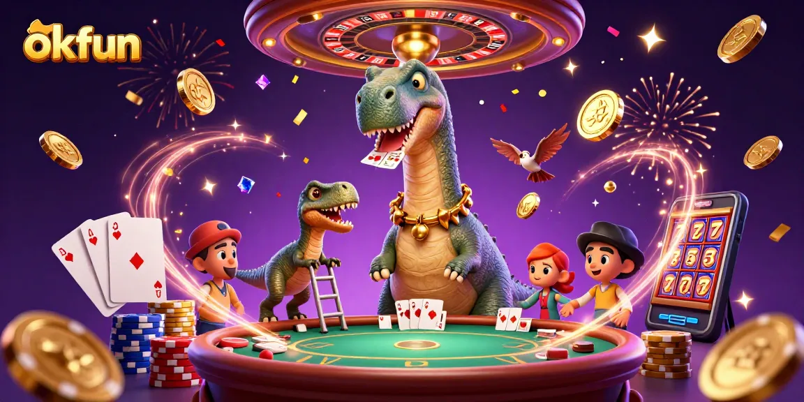 Experience the excitement of okfun casino with a lively 3D scene of a brontosaurus and raptor.
