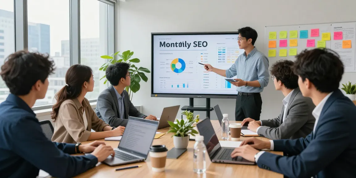 Team collaborating on monthly SEO packages report in bright office.
