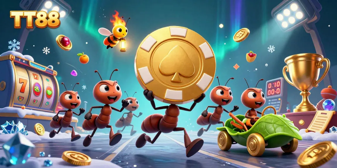 Engage with TT88 in a vibrant 3D casino heist scene filled with animated slot elements and characters.