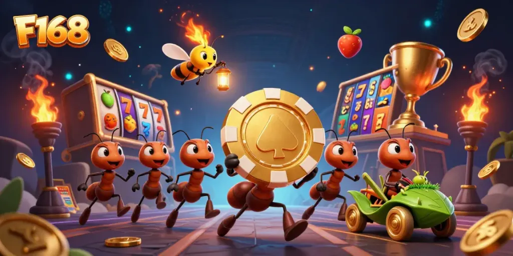 F168 features 3D ants carrying a golden poker chip in a heist scene, with a vibrant casino theme.