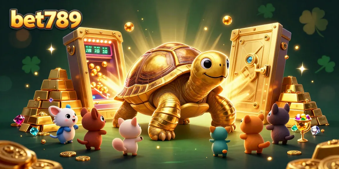 Engage with bet789 in a vibrant casino scene featuring a colossal golden tortoise and exciting treasures.