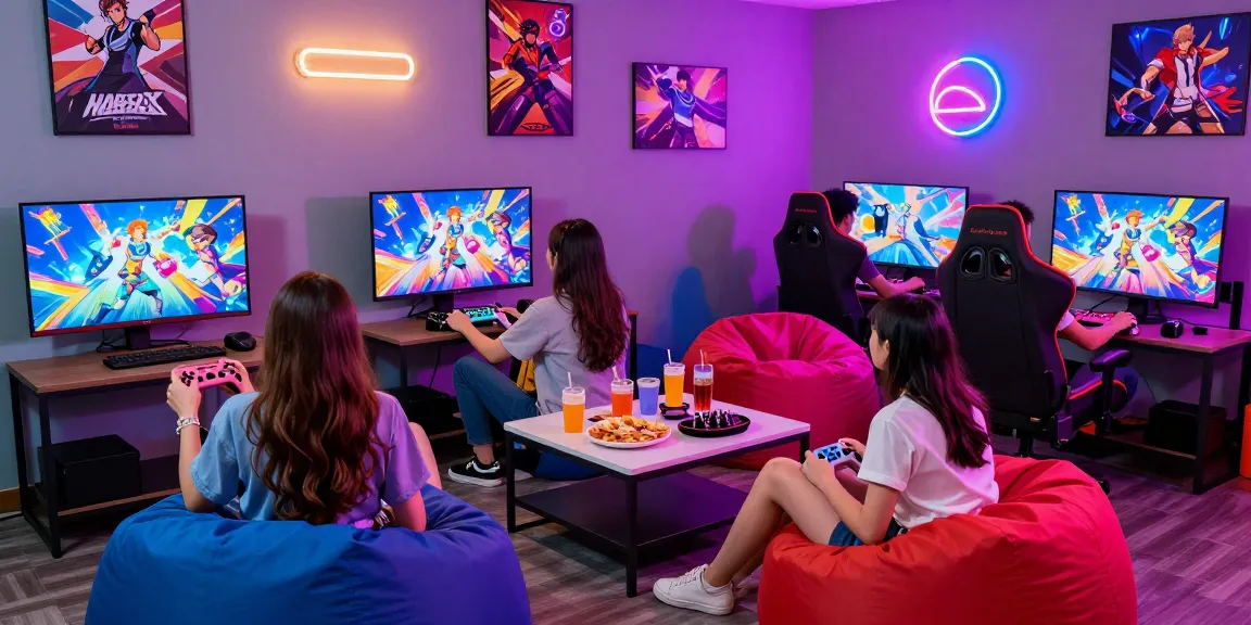 Engaging gaming lounge scene showcasing friends enjoying a gay ecchi game together, colorful lighting, and dynamic gameplay.