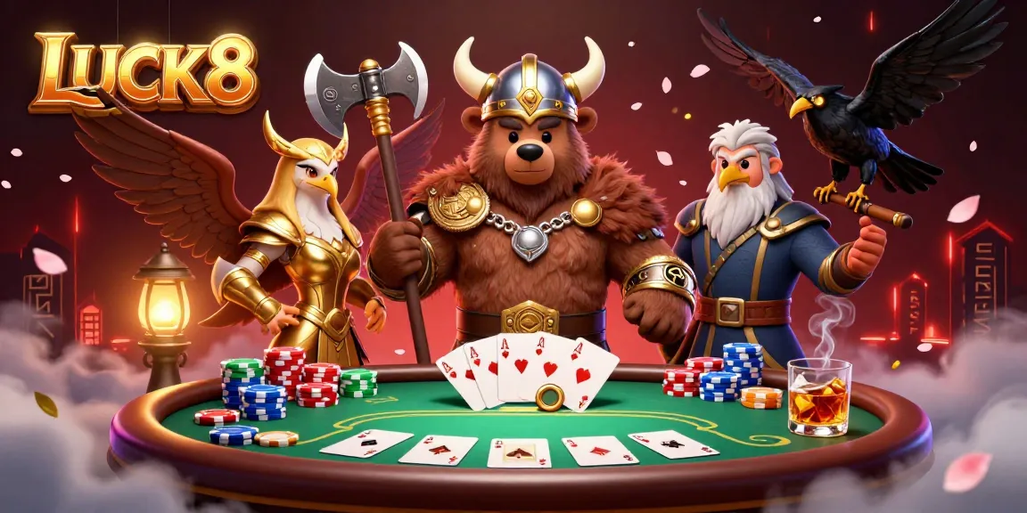 LUCK8 showcases a vibrant poker scene with cartoon Viking and Valkyrie characters amidst rich casino elements.