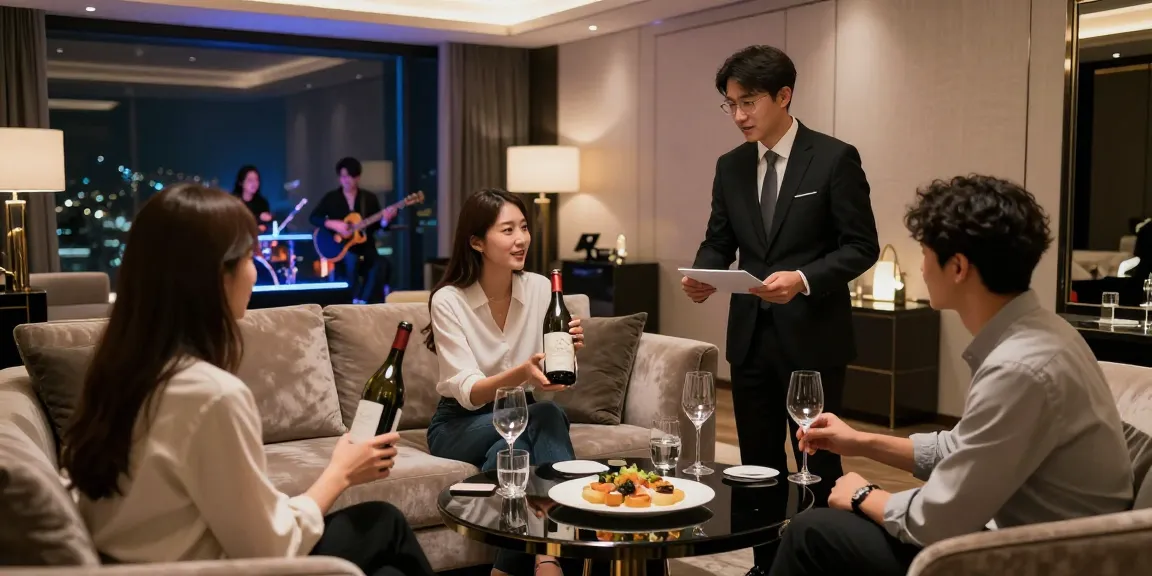 강남 쩜오에서 고급스러운 룸과 함께 즐기는 친구들, 분위기 좋은 조명과 고급 음료가 특징입니다.