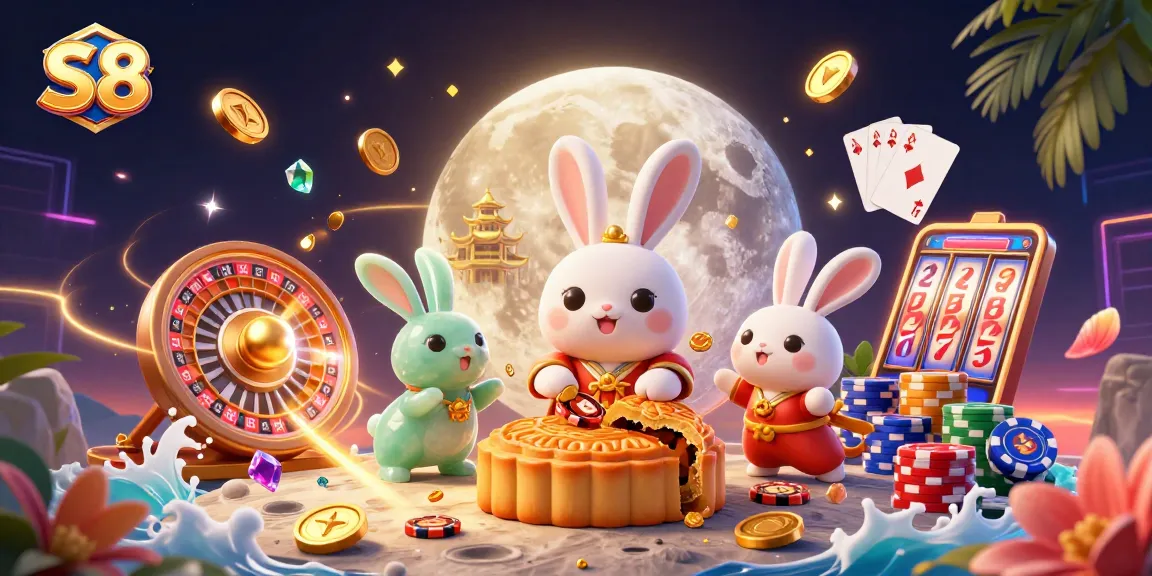 Experience the excitement of S8 casino with vibrant 3D illustration featuring moon rabbits, poker elements, and more.