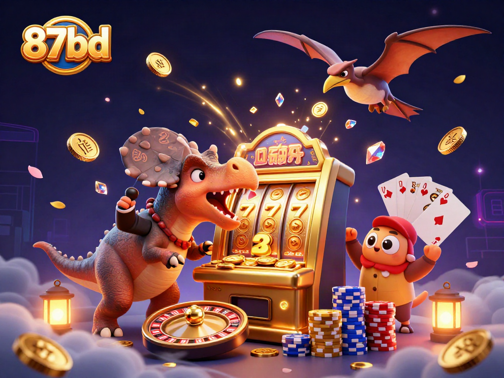 Win big at 87bd with exciting slot machines and golden coin action in this dynamic casino scene.