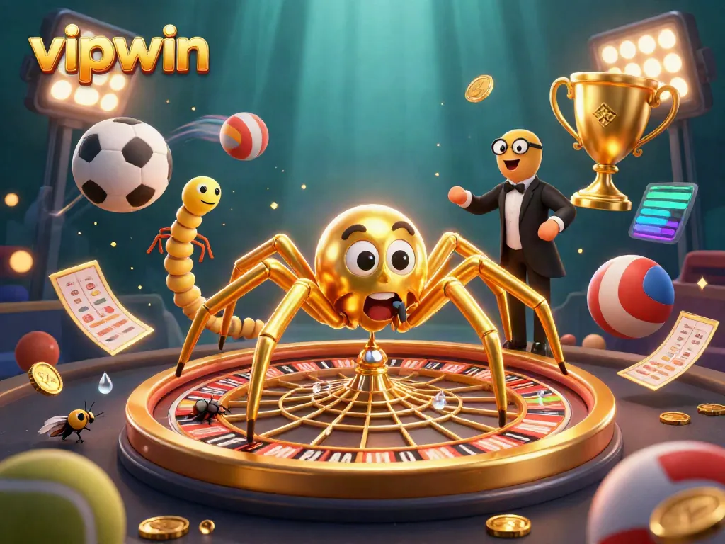 Engaging illustration of vipwin's unique casino atmosphere with a playful golden spider, croupier centipede, and animated sports elements.