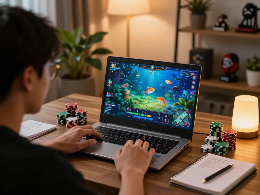 Engaging in game bắn cá đổi thưởng on a laptop, showcasing colorful fish graphics and strategic gambling notes.