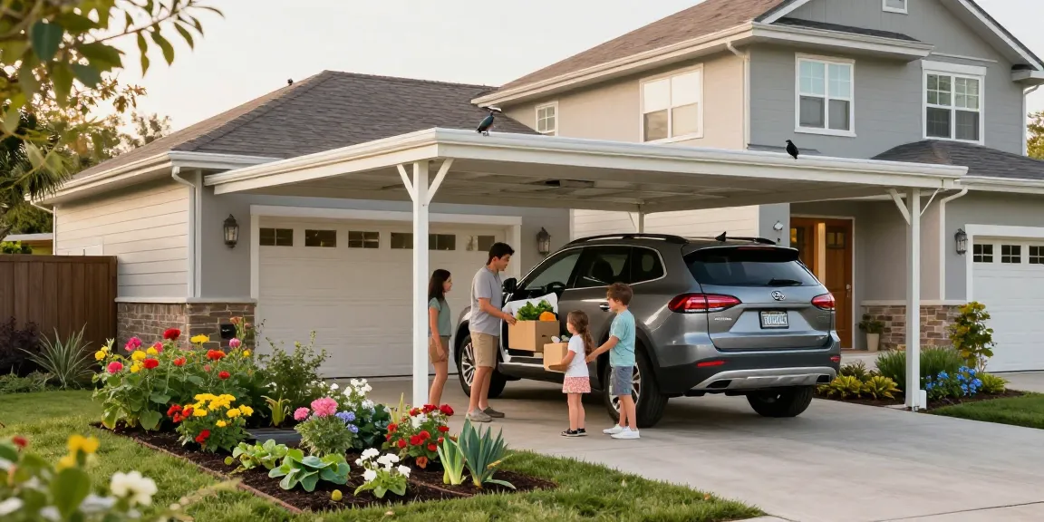 Stylischer Carport mit Familie, die Einkäufe unter dem Carport auspackt, und schöner Garten.