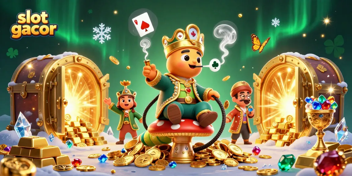 Engage with slot gacor in a vibrant casino scene featuring an enormous caterpillar master and golden treasures.
