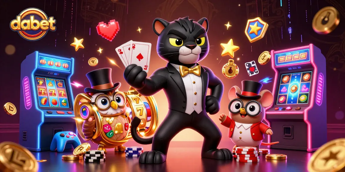 Dabet showcases a stylish panther dealing cards and an owl with poker chips amidst vibrant casino elements.
