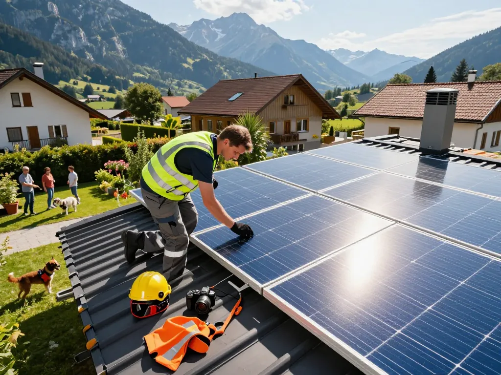 Photovoltaik Bayern Installation auf einem Wohnhausdach mit bayerischen Bergen im Hintergrund, die saubere Energie zeigt.
