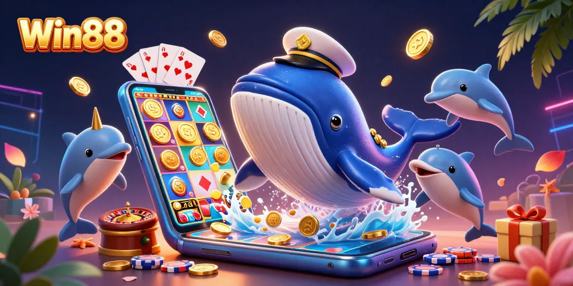 Engage with Win88 through a vibrant 3D illustration showcasing whales, narwhals, and casino elements.
