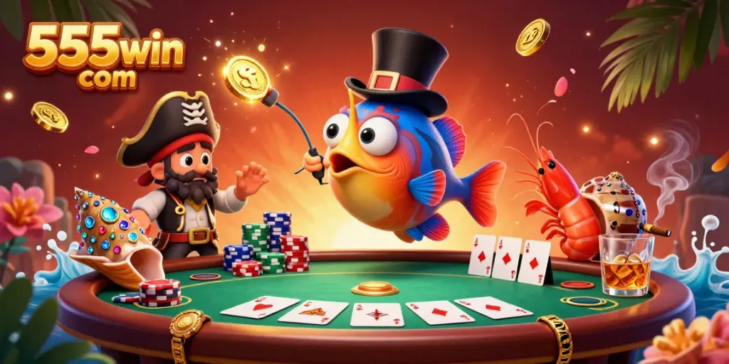 Experience thrilling gameplay at 555win com as a deep-sea anglerfish attracts shimmering coins at a vibrant casino scene.