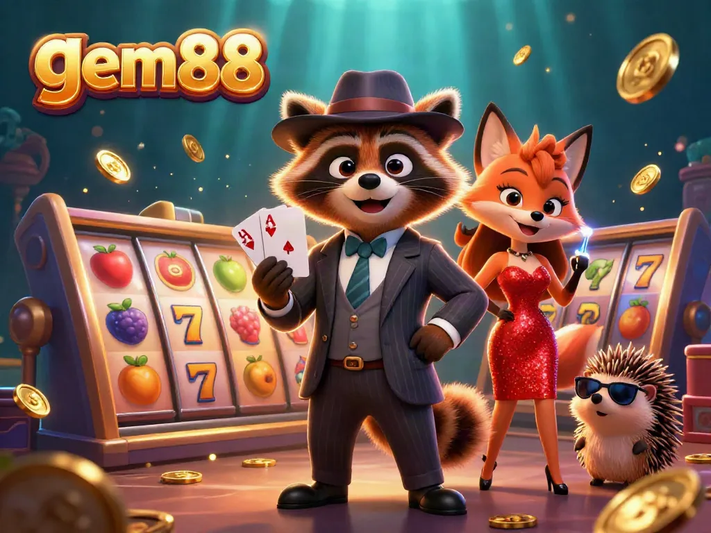 Experience the excitement at gem88 with raccoon, fox, and hedgehog characters surrounded by slot machines and gold coins.