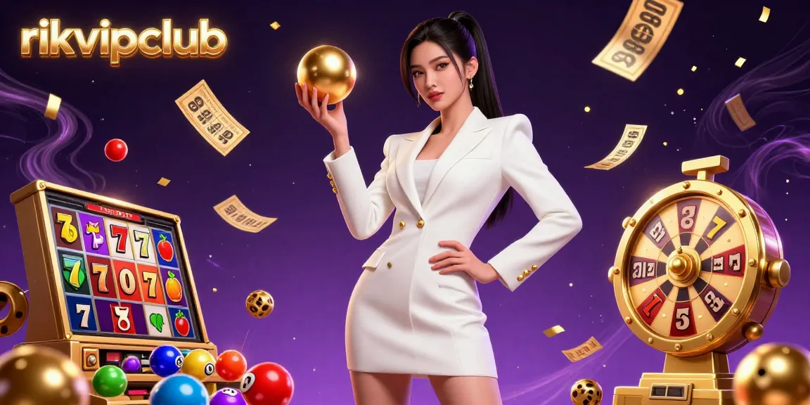 Play exciting games at rikvipclub, showcasing vibrant slot symbols, a glamorous dealer, and energetic casino atmosphere.