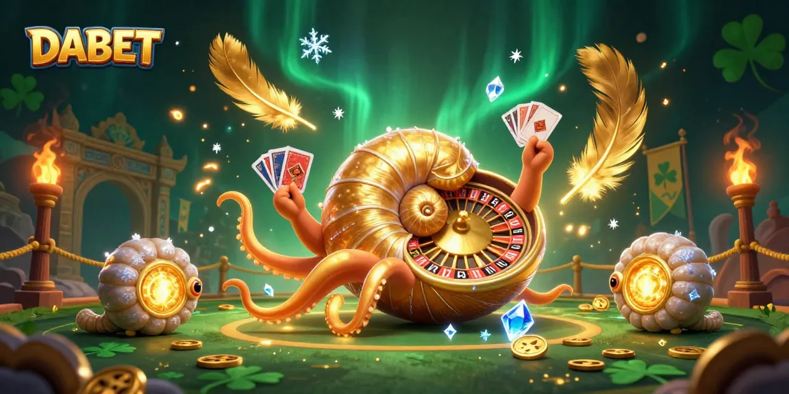 DABET engages in casino gaming with a vibrant 3D nautilus roulette wheel and glowing ammonite companions.
