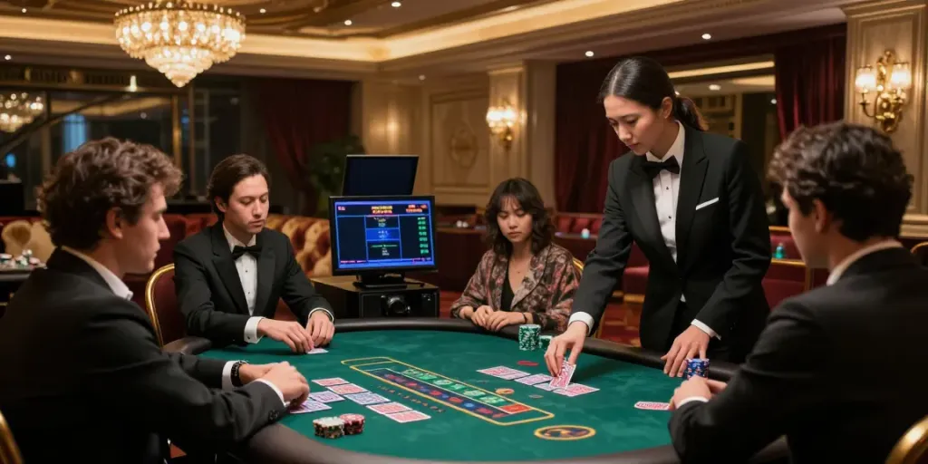 SV88 live casino scene with elegant dealer and excited players at a high-end blackjack table.