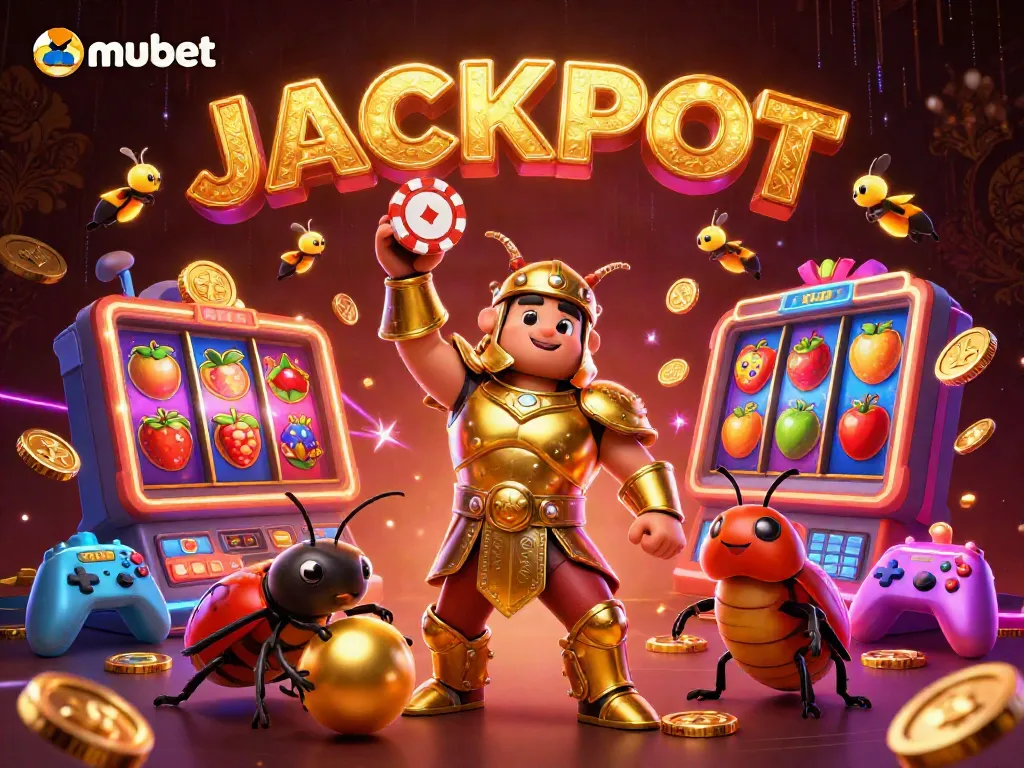 Win big with mubet in this vibrant casino scene featuring animated characters and slot symbols.
