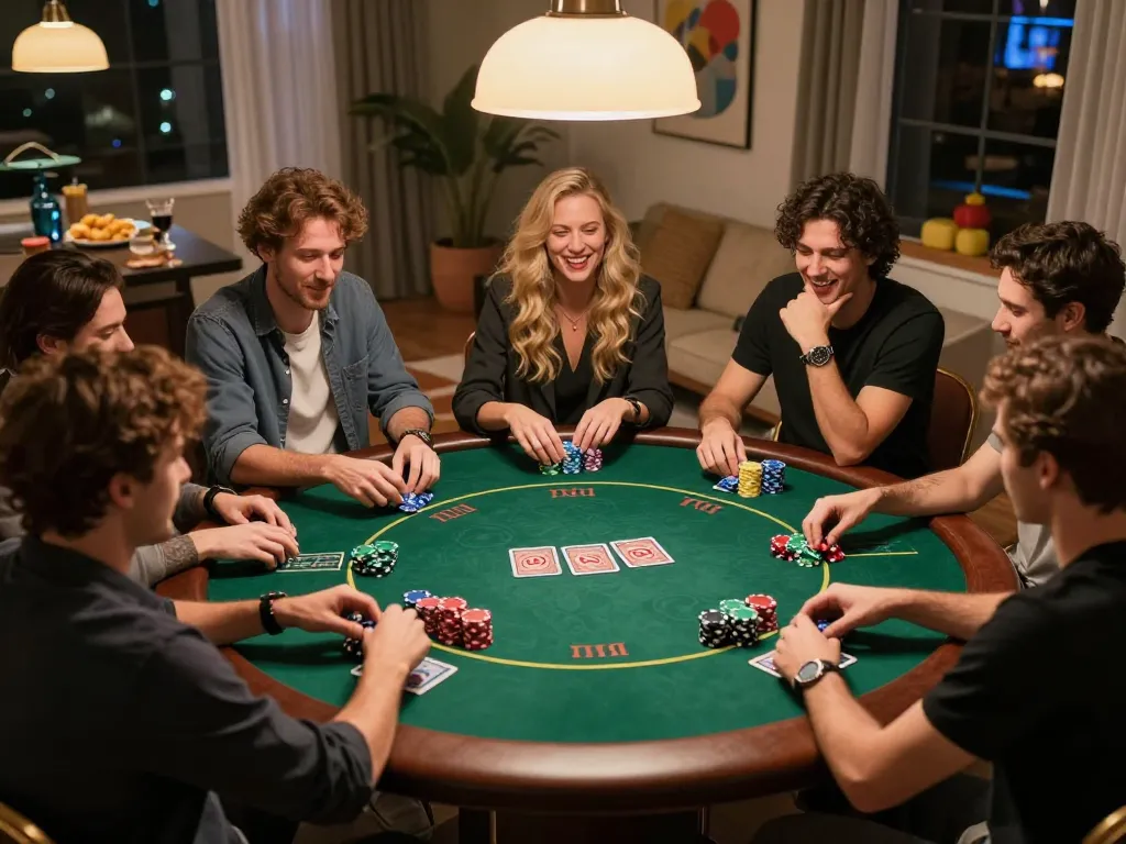 RR88 players engaged in an exciting Texas Hold'em poker game with vibrant chips and cozy atmosphere.
