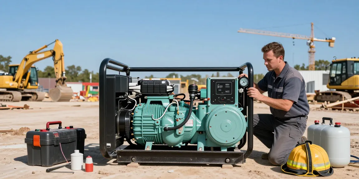 Diesel genset in operation at a construction site with technician inspecting performance.