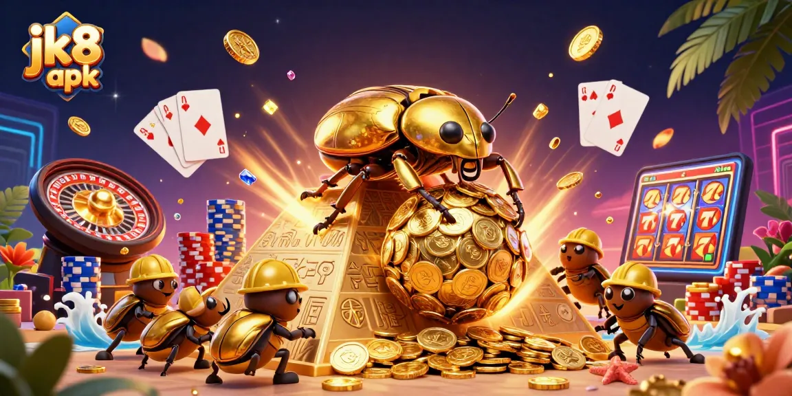 Experience thrilling gameplay with the jk8 apk as a golden beetle rolls coins surrounded by casino symbols.