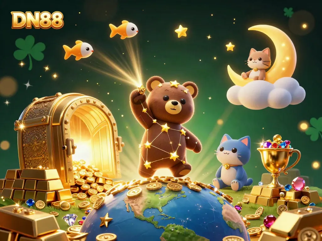 Engage with DN88's vibrant gaming experience through a cosmic-themed illustration featuring lucky elements.