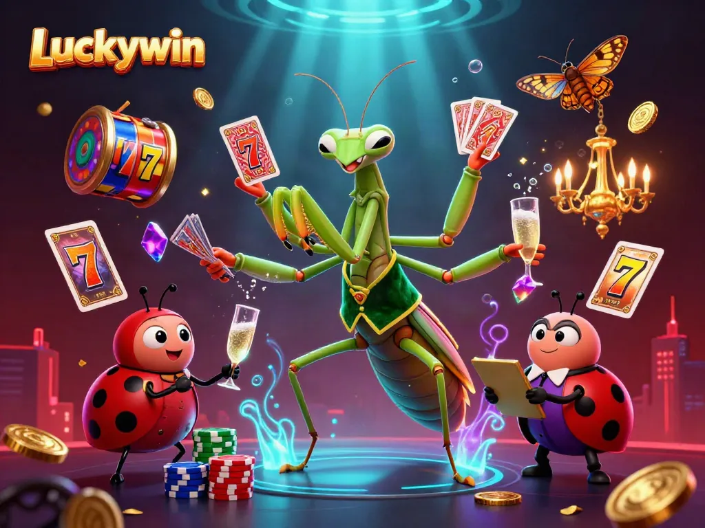 Unlock winning strategies with Luckywin's dynamic casino scene featuring vivid characters and vibrant gaming elements.