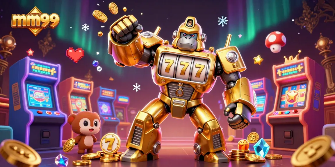 Experience thrilling gameplay at mm99 with a golden gorilla mech and vibrant casino elements.