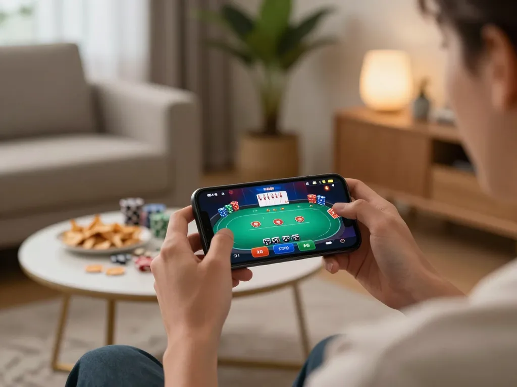 Engaged user playing poker on 58win mobile app in a cozy living room setting.