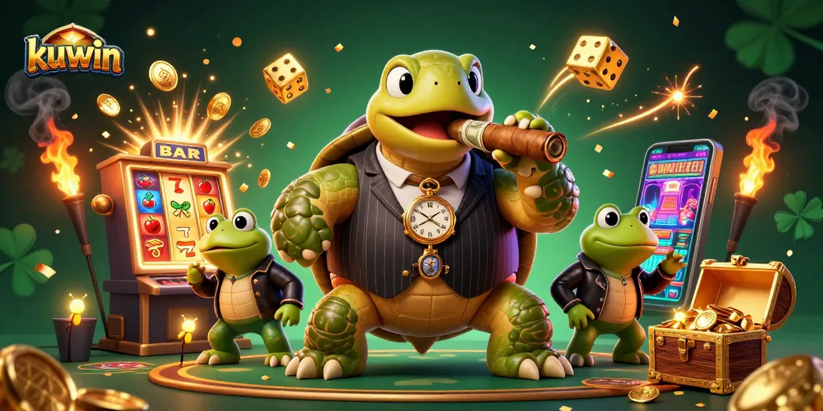 Kuwin delights players with a vibrant scene featuring a turtle mobster and lively casino elements.