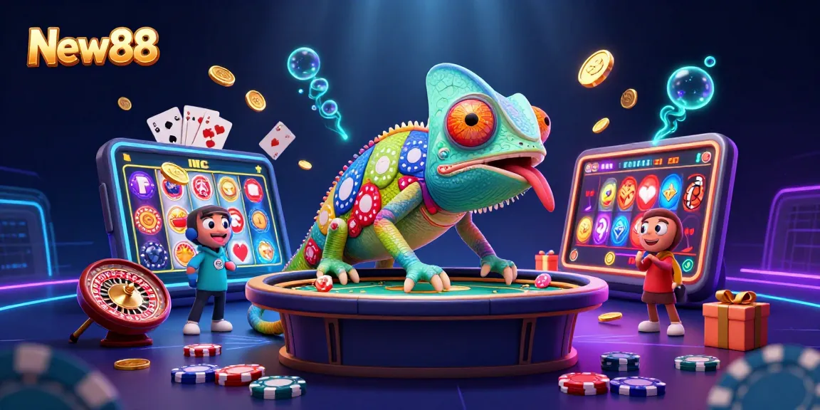 Engage in exciting gameplay at New88 with a vibrant 3D casino scene featuring charismatic characters and colorful game elements.