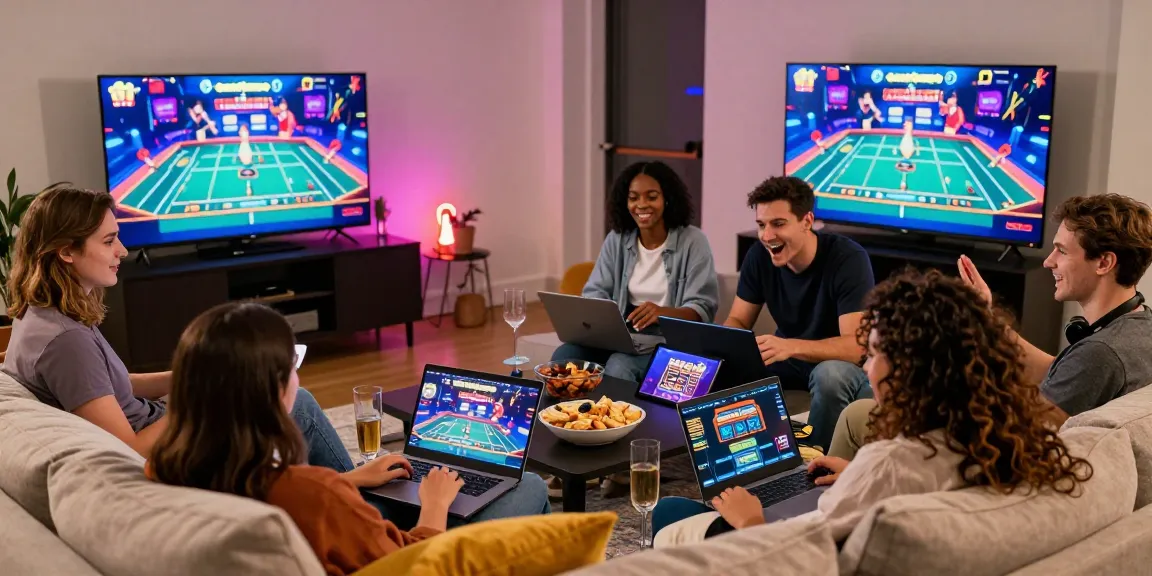 A lively gaming night with friends exploring non gamstop casinos on laptops, showcasing excitement and a vibrant atmosphere.