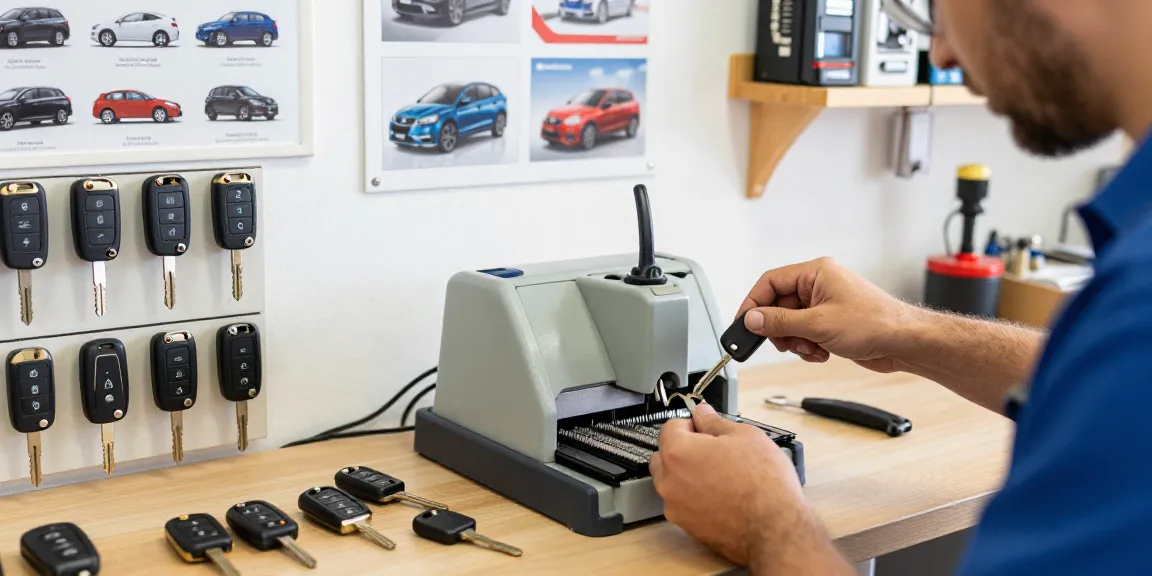 Autoschlüssel nachmachen in einer professionellen Werkstatt, wo ein Schlosser an verschiedenen Autoschlüsseln arbeitet.