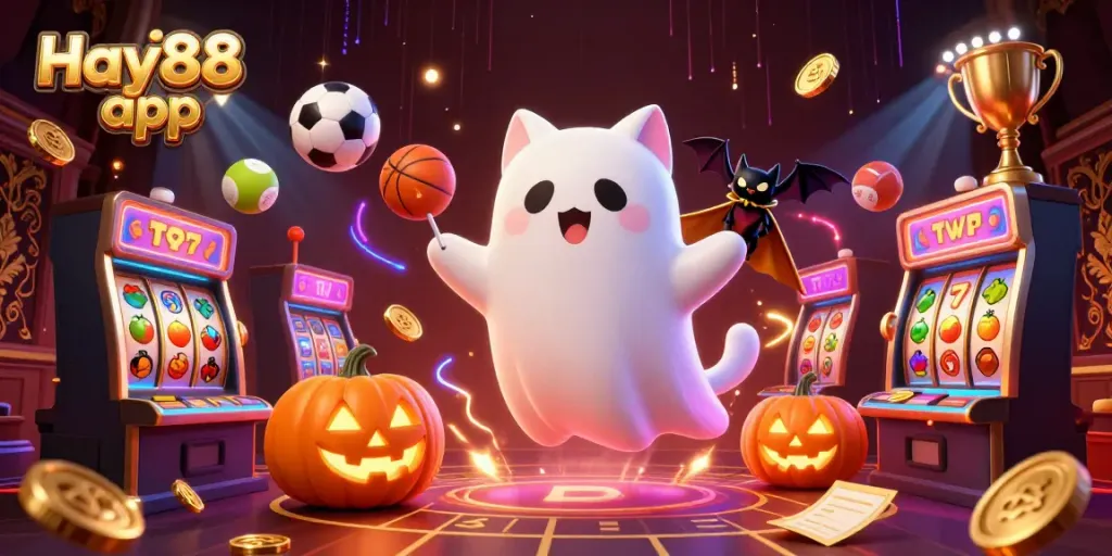 Join the excitement with Hay88 app as players encounter a playful ghost cat in a vibrant casino scene.