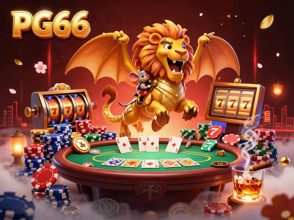 Engage with thrilling gaming at PG66 featuring a chimera creature amid colorful poker chips and vibrant casino elements.