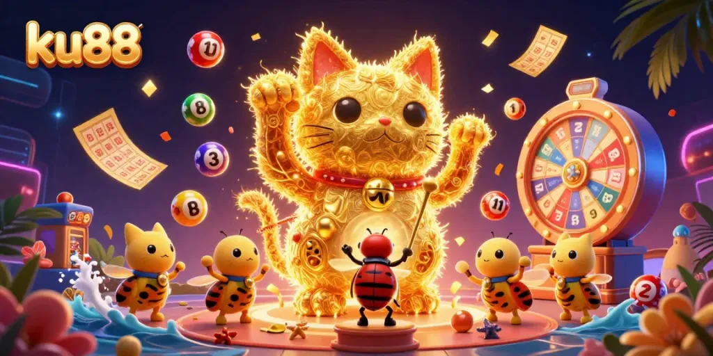 ku88's vibrant casino-themed illustration featuring a waving lucky cat and colorful game elements.